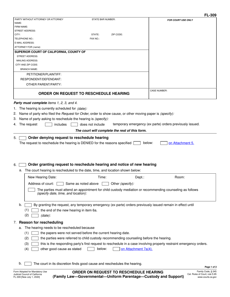 Form FL-309 Order on Request to Reschedule Hearing - California, Page 1