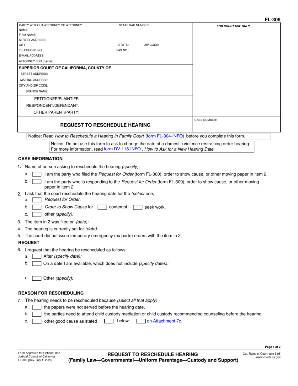 Form FL-306 Request to Reschedule Hearing - California, Page 1