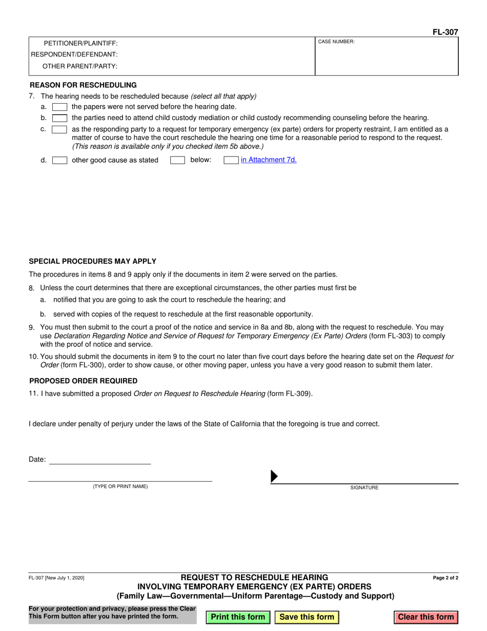 Form FL-307 Download Fillable PDF or Fill Online Request to Reschedule ...