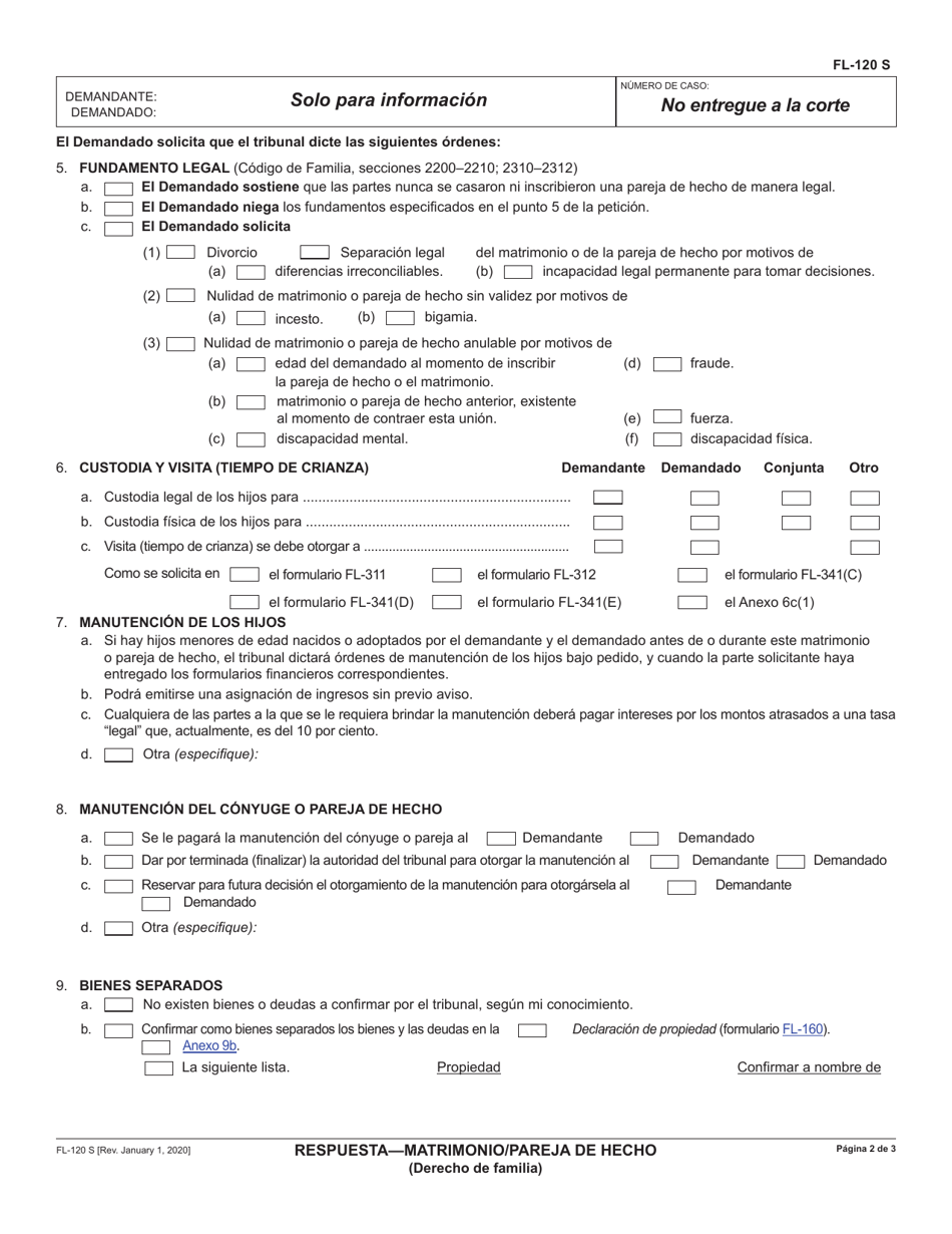 Formulario FL-120 Respuesta - Matrimonio / Pareja De Hecho (Derecho De Familia) - California (Spanish), Page 2