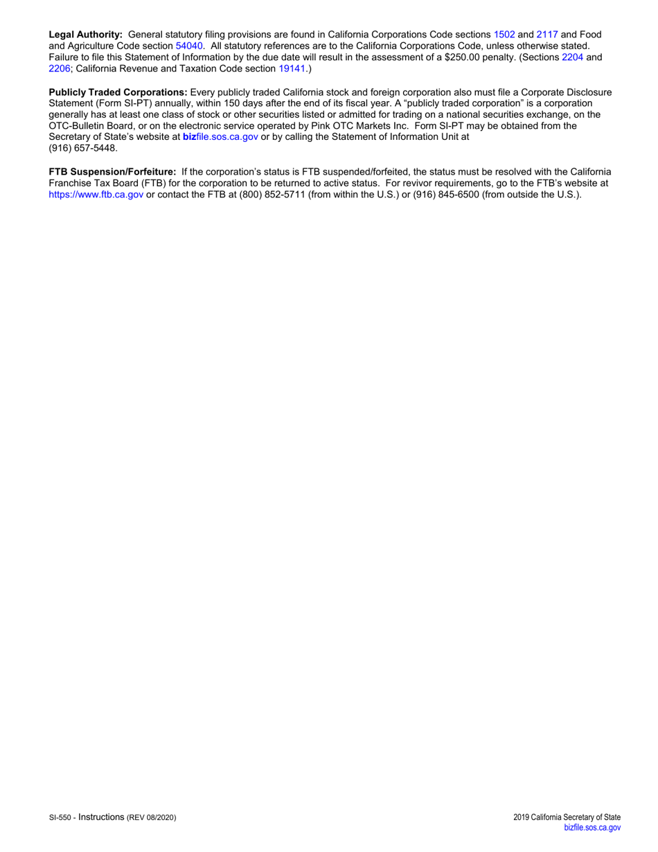Form SI-550 Statement of Information (California Stock, Agricultural Cooperative and Foreign Corporations) - California, Page 4