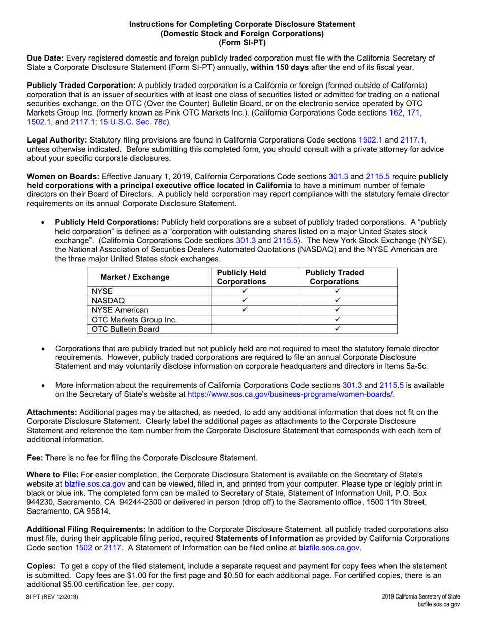 Form SI-PT Corporate Disclosure Statement (Domestic Stock and Foreign Corporations) - California, Page 1
