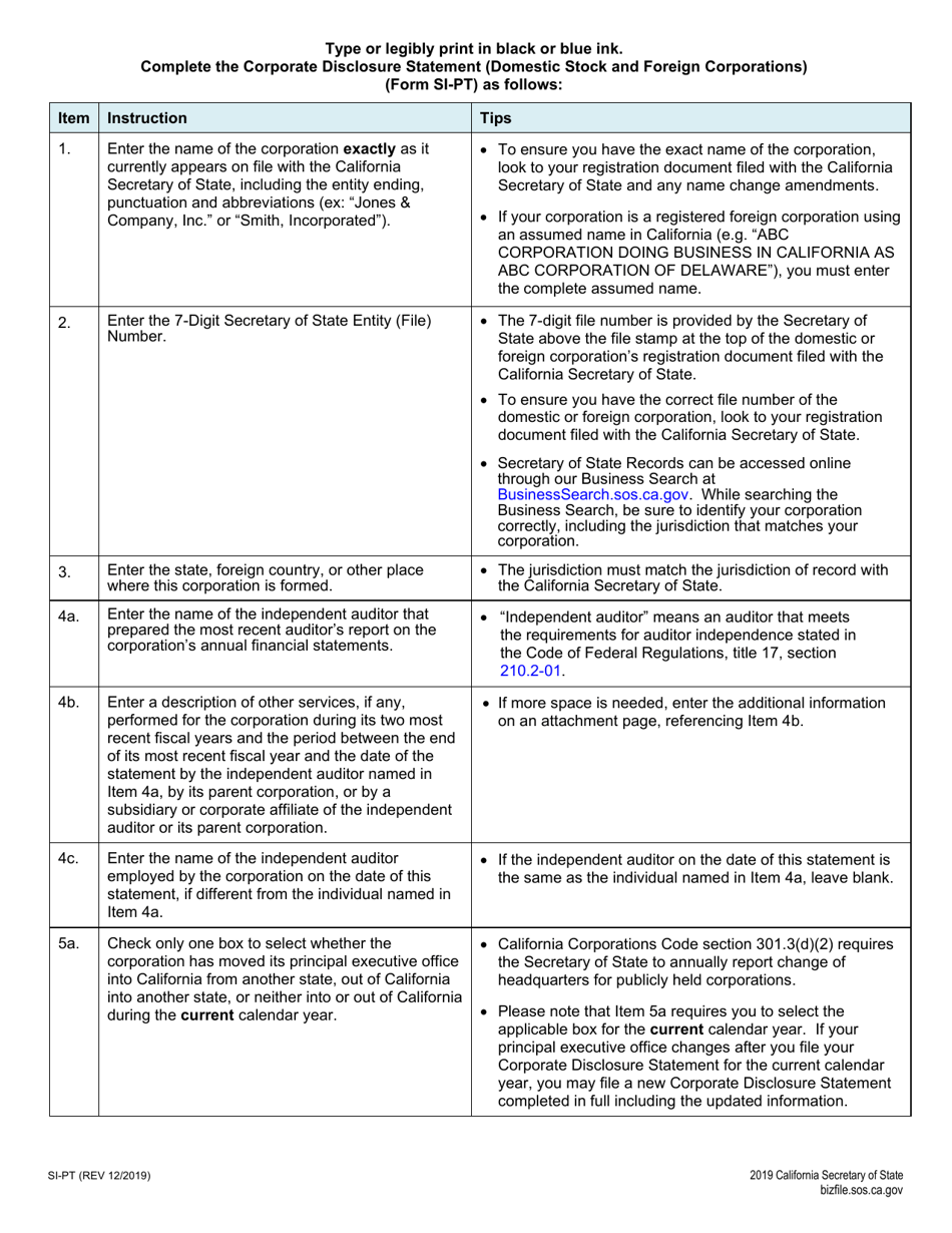 Form SI-PT Corporate Disclosure Statement (Domestic Stock and Foreign Corporations) - California, Page 2