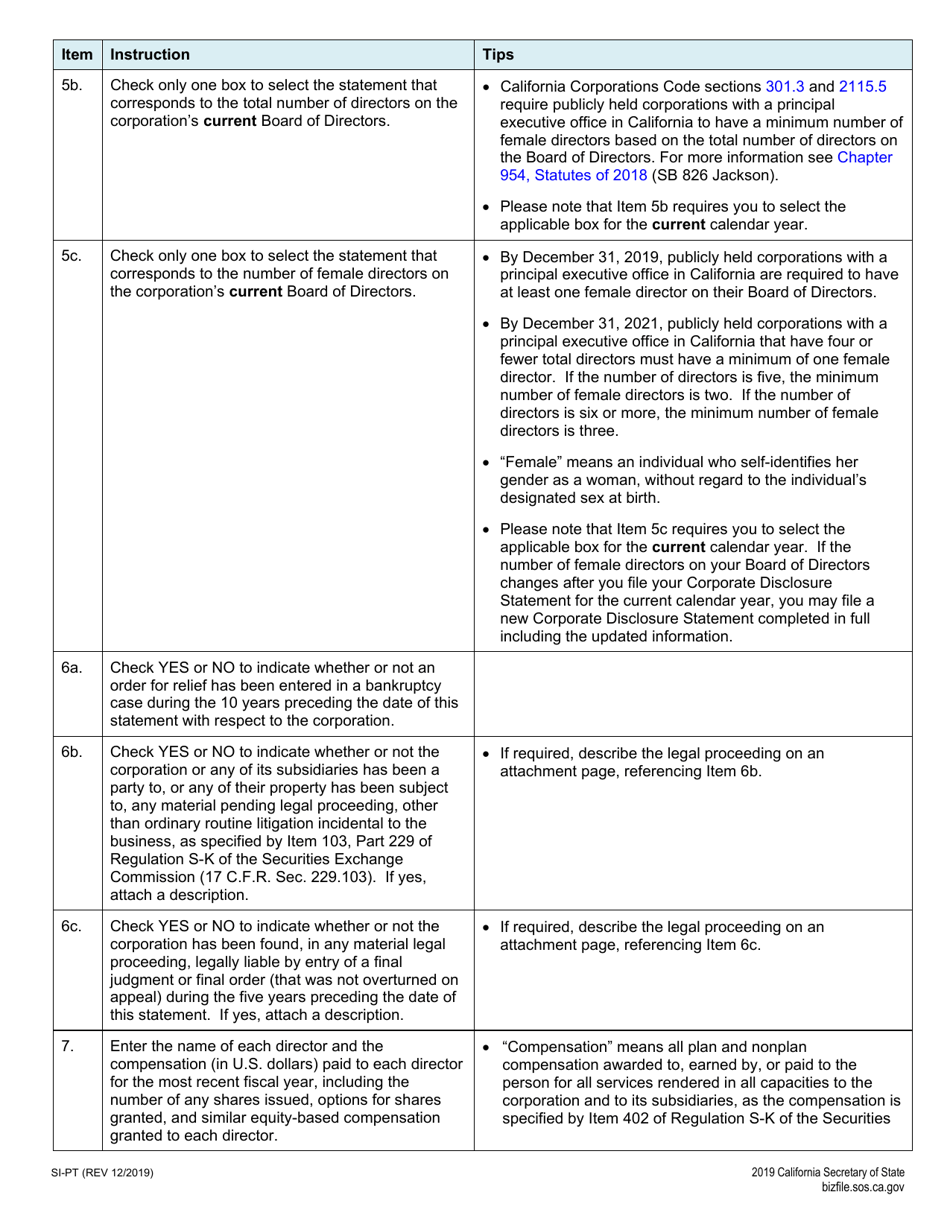 Form SI-PT Corporate Disclosure Statement (Domestic Stock and Foreign Corporations) - California, Page 3