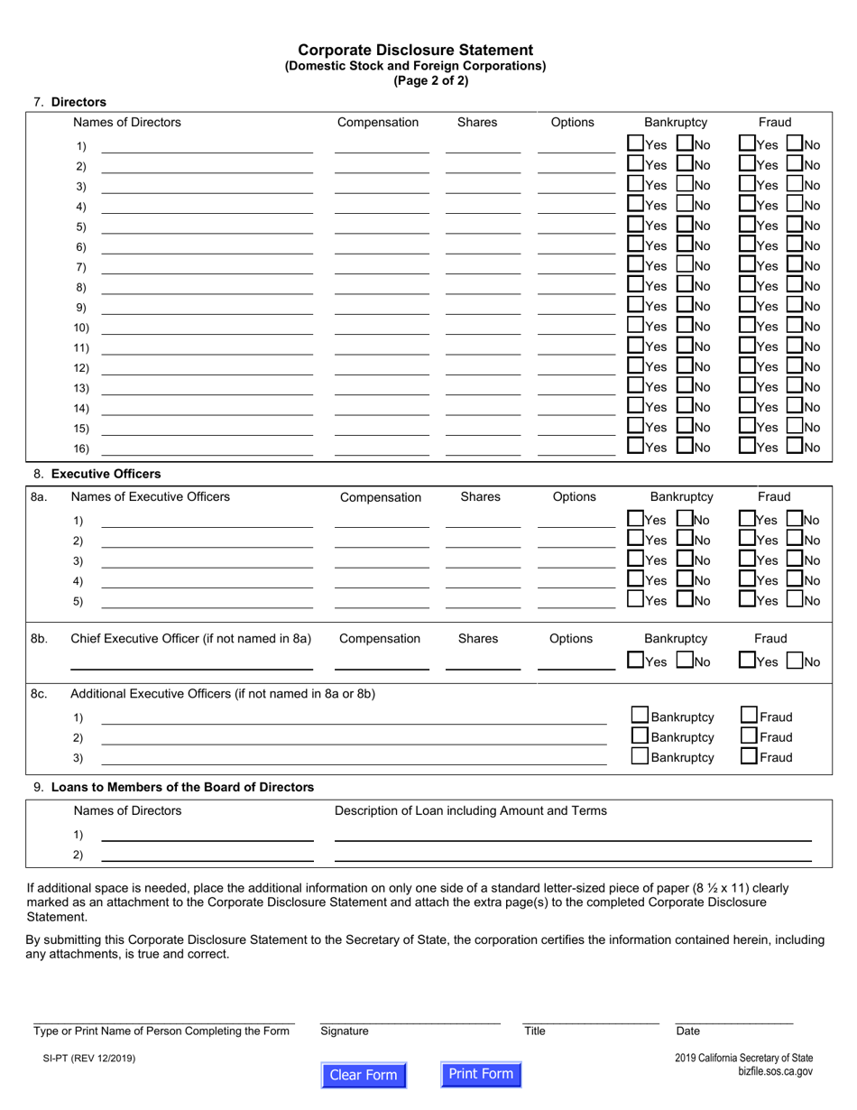 Form SI-PT Corporate Disclosure Statement (Domestic Stock and Foreign Corporations) - California, Page 7