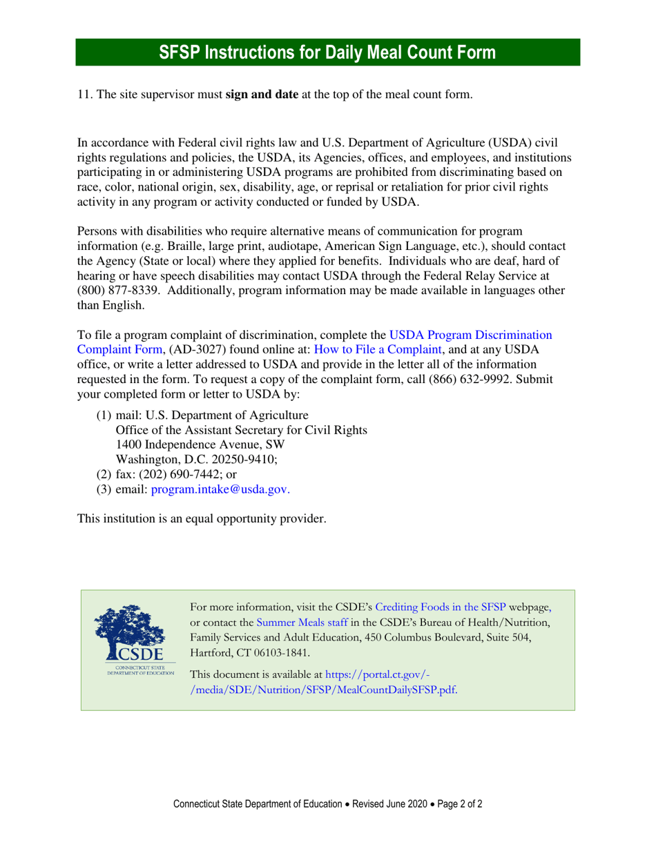 Summer Food Service Program (Sfsp) Daily Meal Count - Connecticut, Page 4