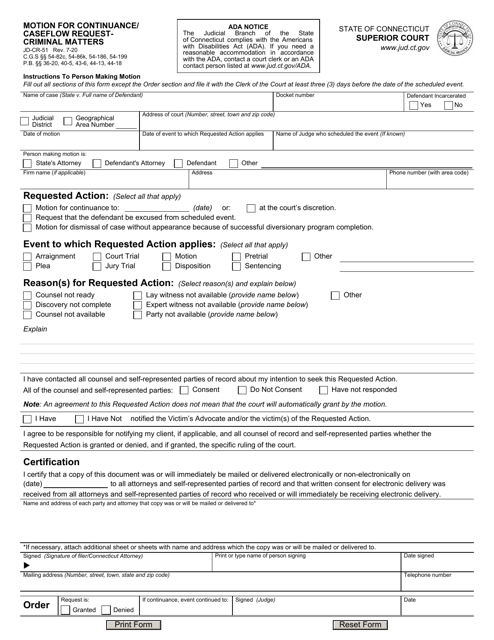 Form JD-CR-51 Motion for Continuance/ Caseflow Request - Criminal Matters - Connecticut