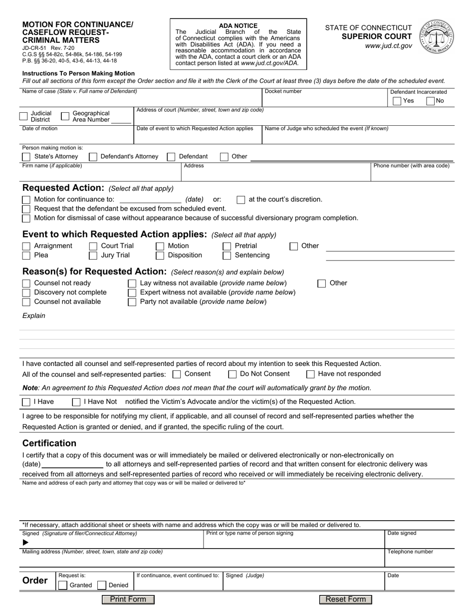 Form JD-CR-51 Motion for Continuance / Caseflow Request - Criminal Matters - Connecticut, Page 1