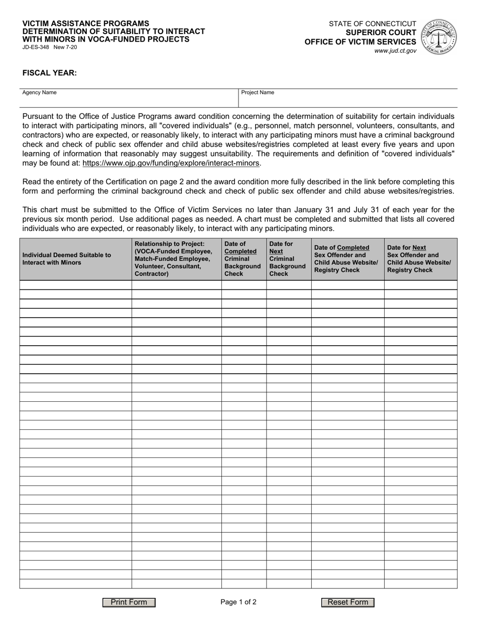 Form JD-ES-348 Victim Assistance Programs Determination of Suitability to Interact With Minors in Voca-Funded Projects - Connecticut, Page 1