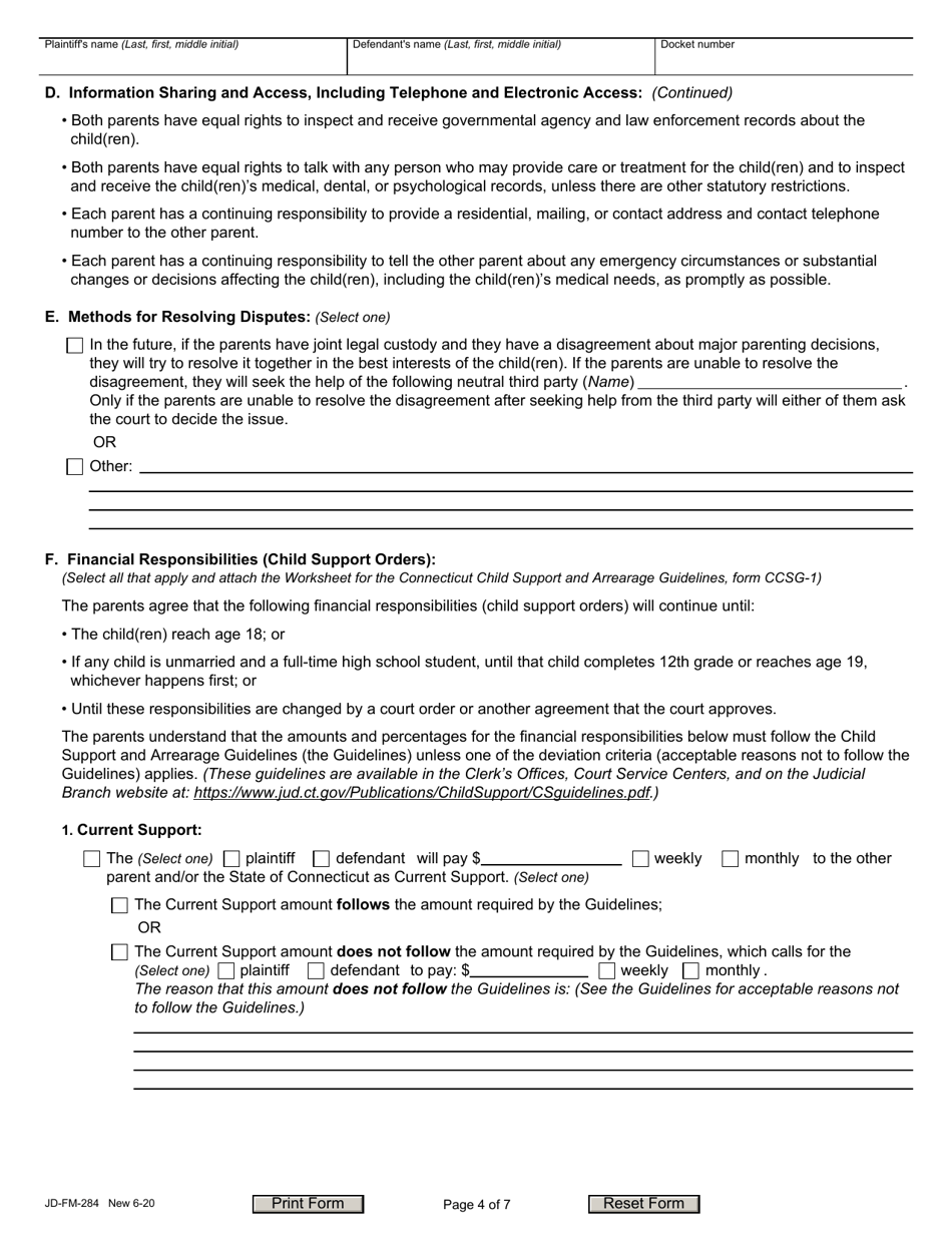 Form JD-FM-284 Custody Agreement and Parenting Plan - Connecticut, Page 4