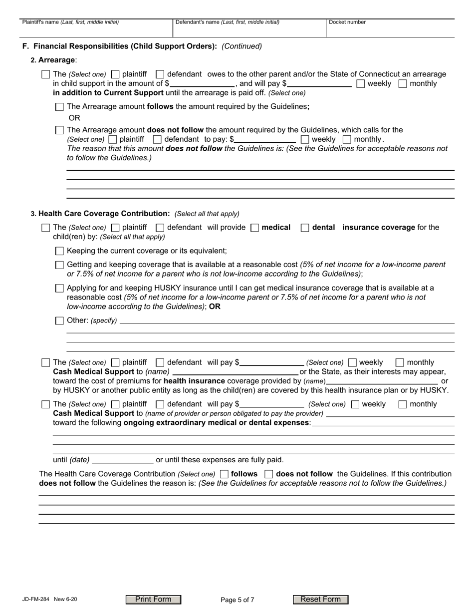 Form JD-FM-284 Custody Agreement and Parenting Plan - Connecticut, Page 5