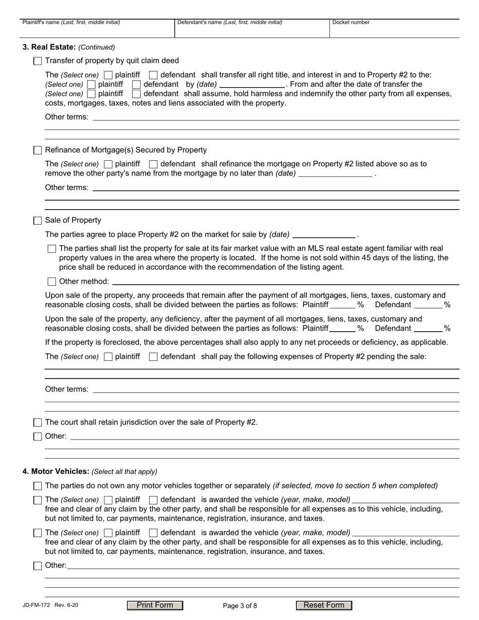 Form JD-FM-172 Dissolution / Legal Separation Agreement - Connecticut, Page 3