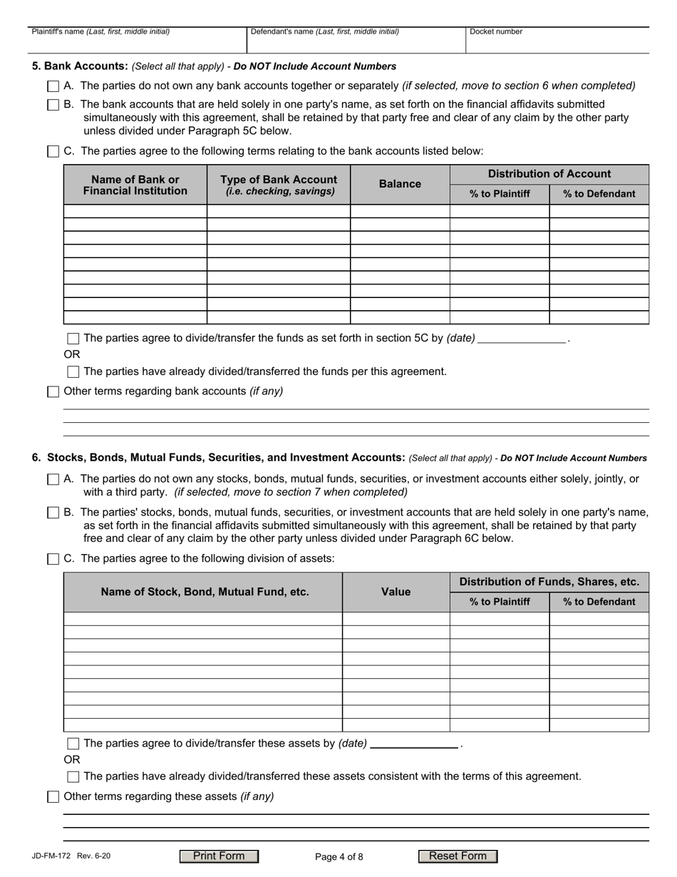 Form JD-FM-172 Dissolution / Legal Separation Agreement - Connecticut, Page 4