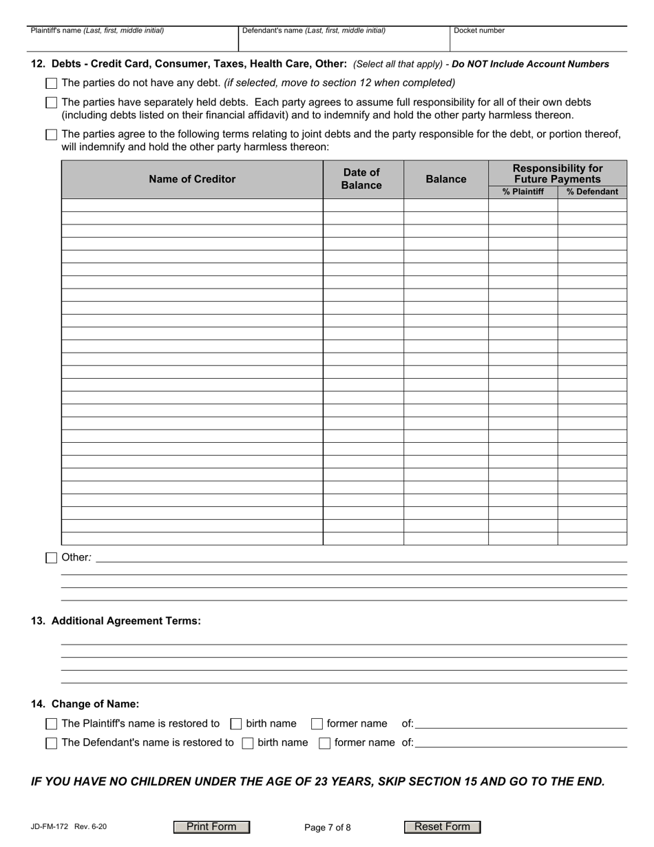 Form JD-FM-172 Dissolution / Legal Separation Agreement - Connecticut, Page 7