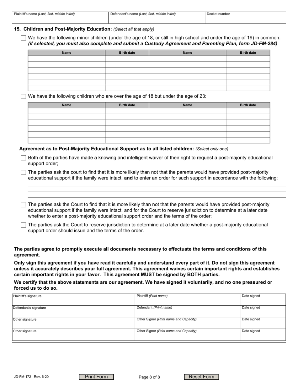 Form JD-FM-172 Dissolution / Legal Separation Agreement - Connecticut, Page 8