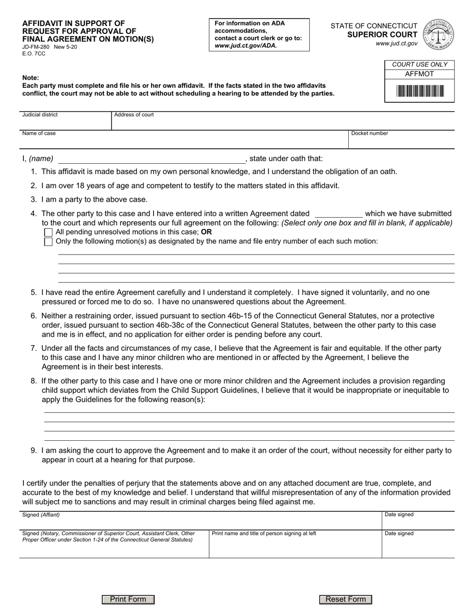 Form JD-FM-280 Download Fillable PDF or Fill Online Affidavit in ...