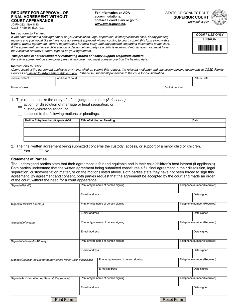 Form JD-FM-282 Request for Approval of Final Agreement Without Court Appearance - Connecticut, Page 1