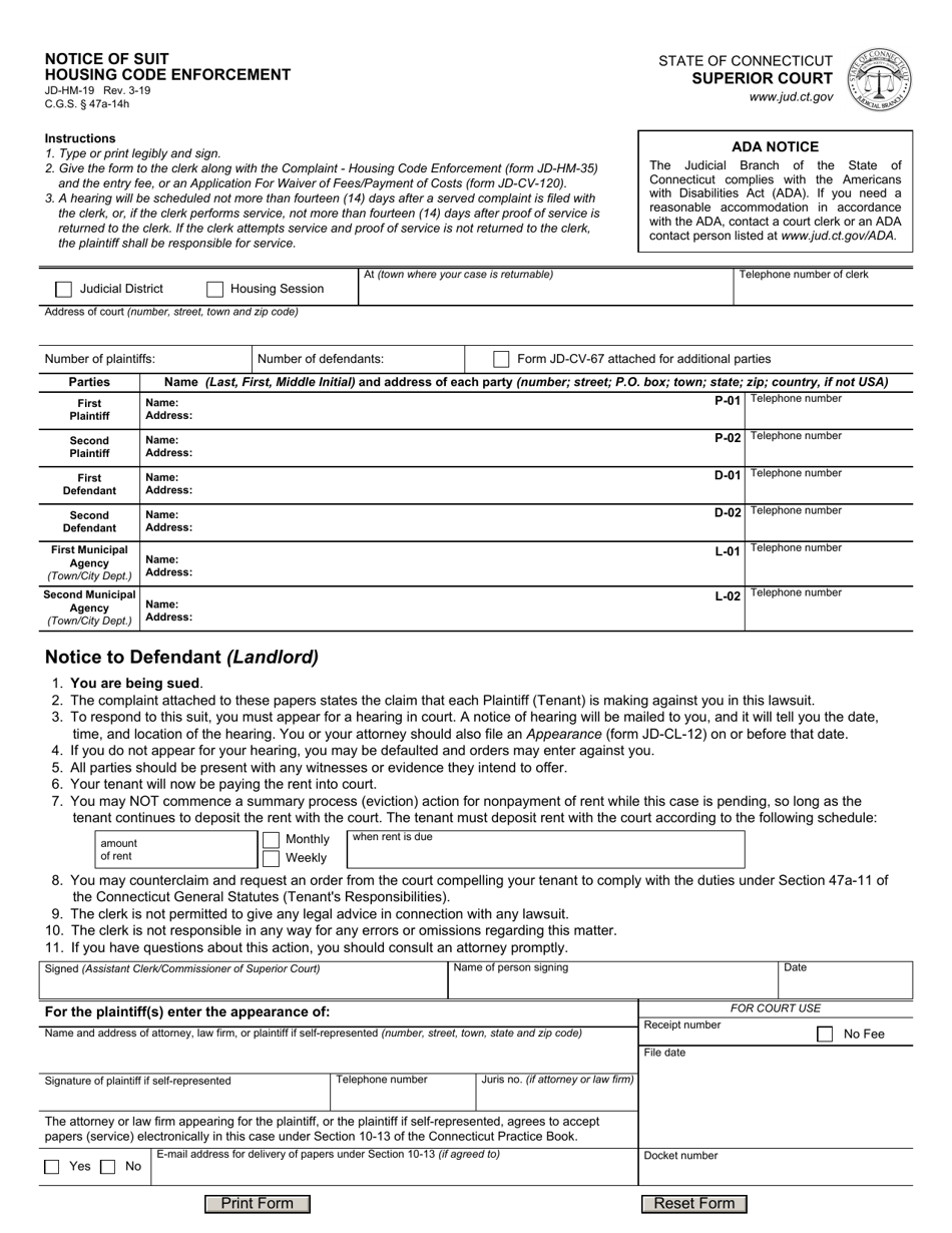 Form JD-HM-19 Notice of Suit Housing Code Enforcement - Connecticut, Page 1