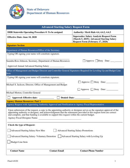 Advanced Starting Salary Request Form - Delaware Download Pdf