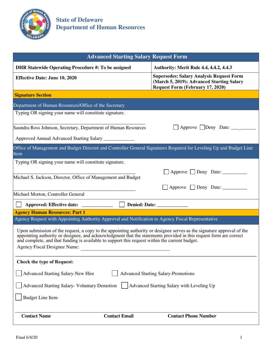 Advanced Starting Salary Request Form - Delaware, Page 1