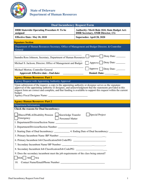Dual Incumbency Request Form - Delaware Download Pdf