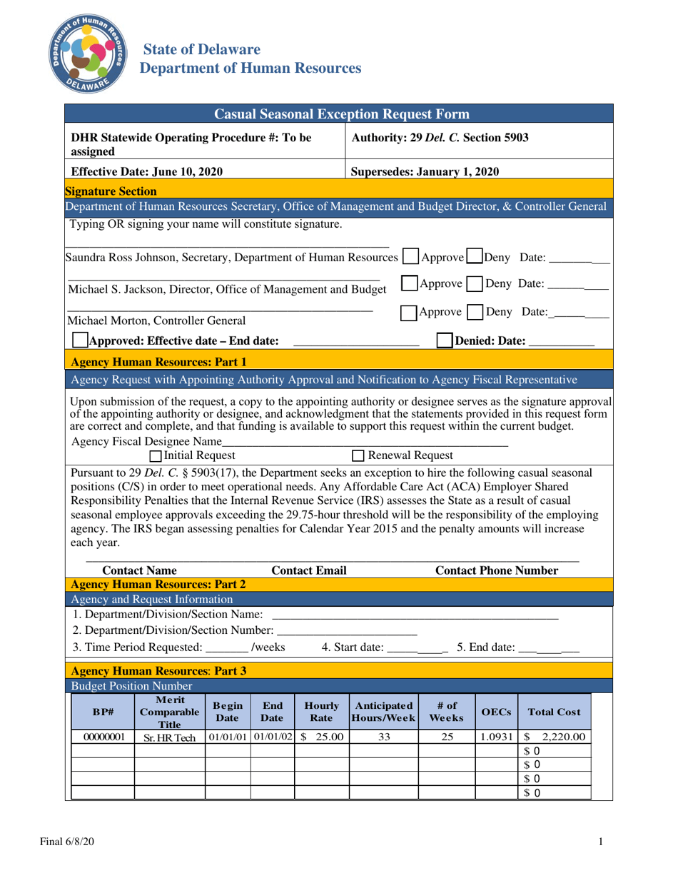 Casual Seasonal Exception Request Form - Delaware, Page 1