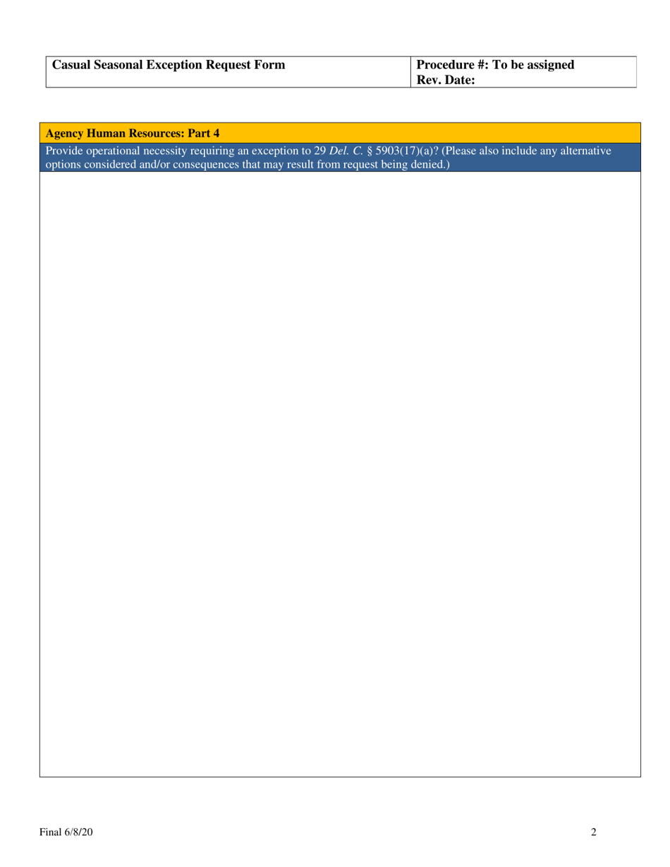 Casual Seasonal Exception Request Form - Delaware, Page 2