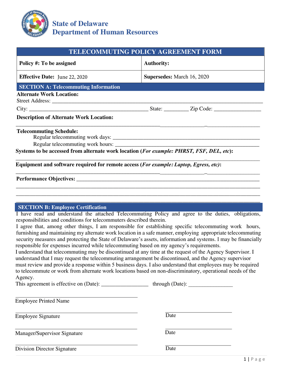 Telecommuting Policy Agreement Form - Delaware, Page 1