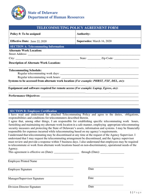 Telecommuting Policy Agreement Form - Delaware Download Pdf