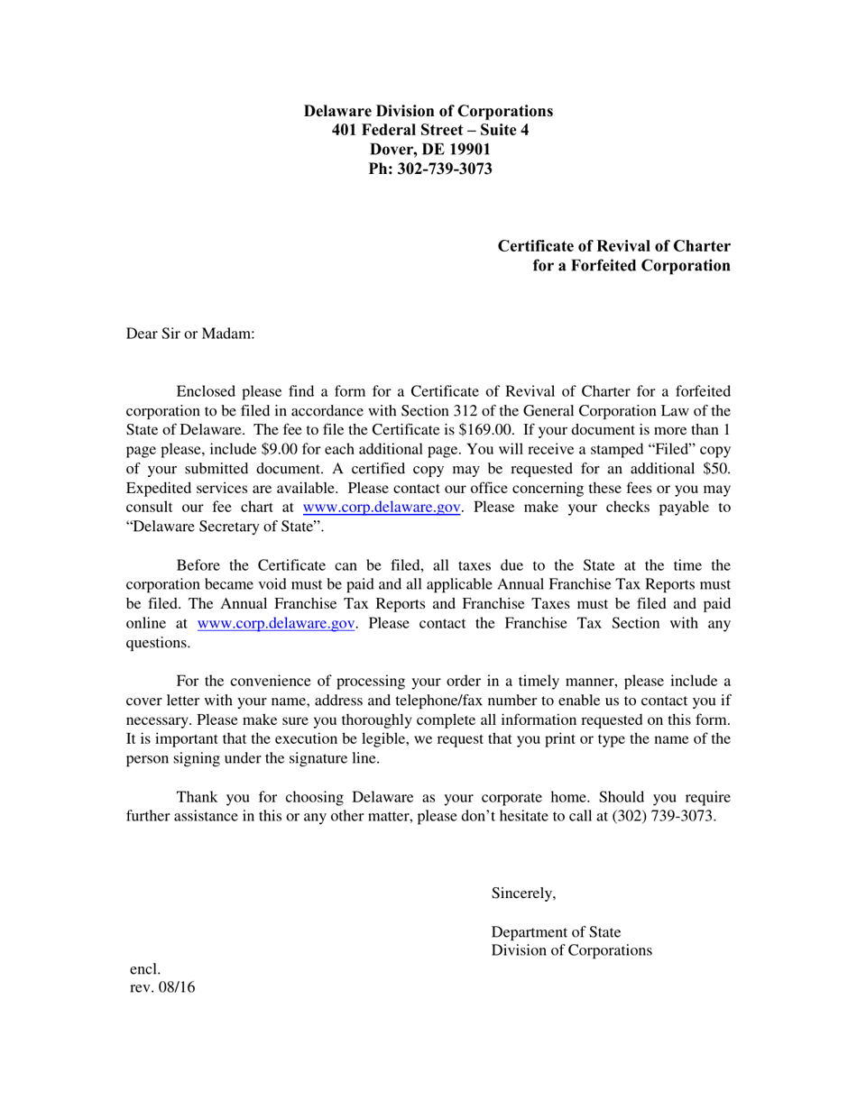 Delaware Certificate of Revival of Charter for a Forfeited Corporation