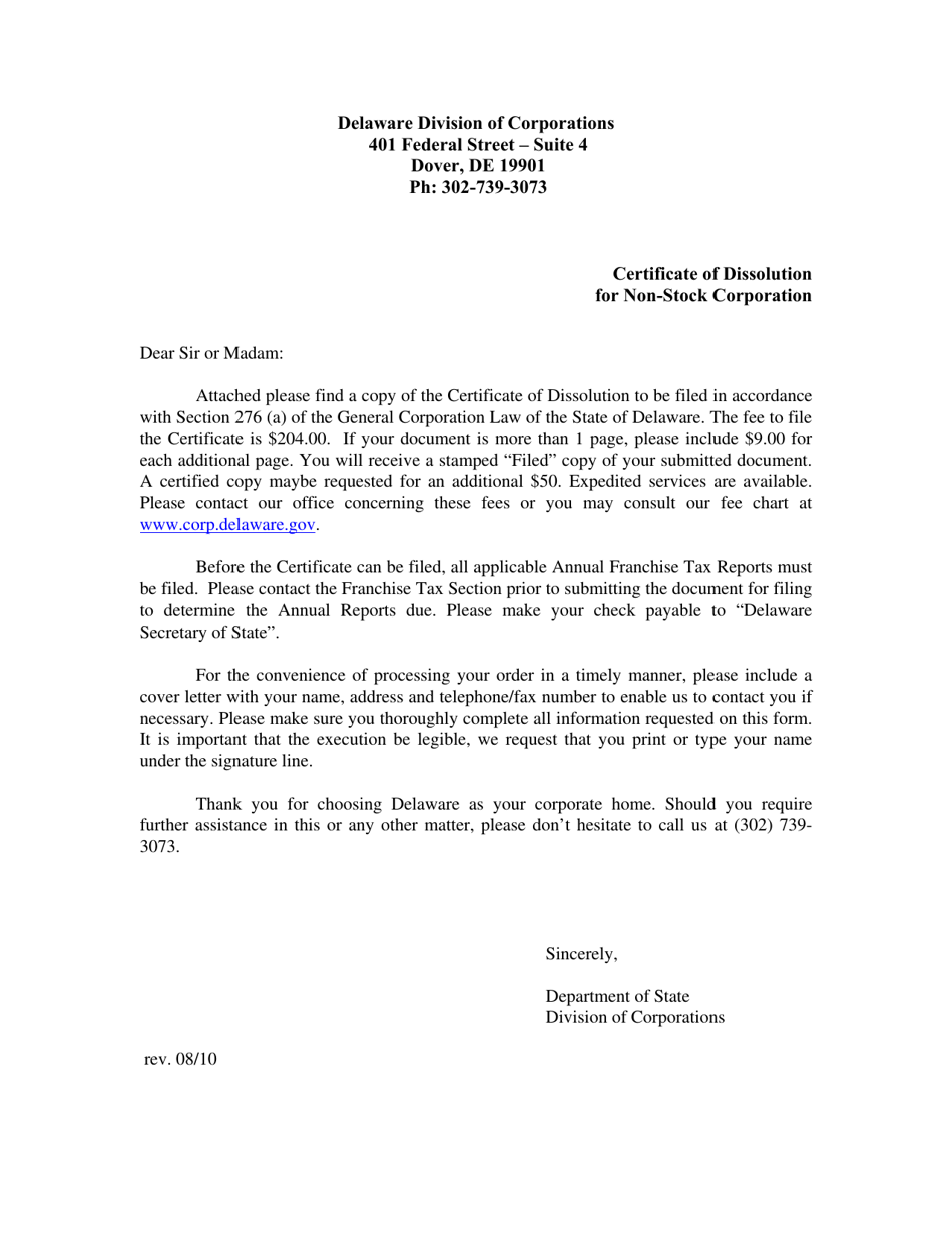 Certificate of Dissolution for Non-stock Corporation - Delaware, Page 1