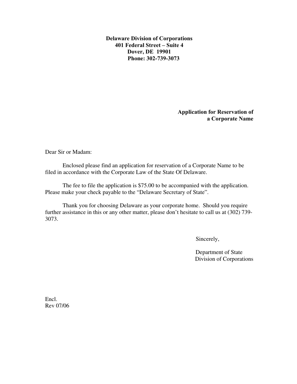 Application for Reservation of a Corporate Name - Delaware, Page 1