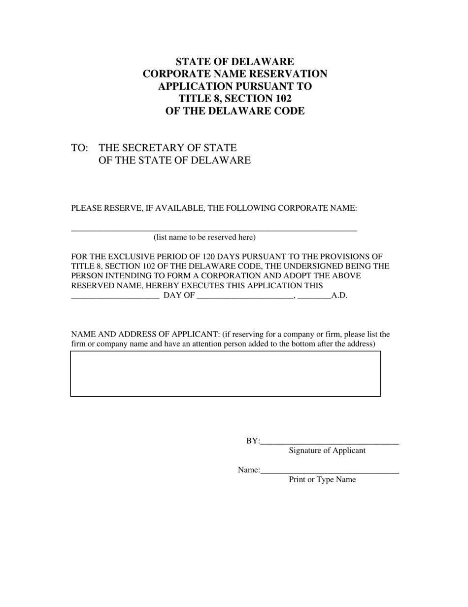 Application for Reservation of a Corporate Name - Delaware, Page 2
