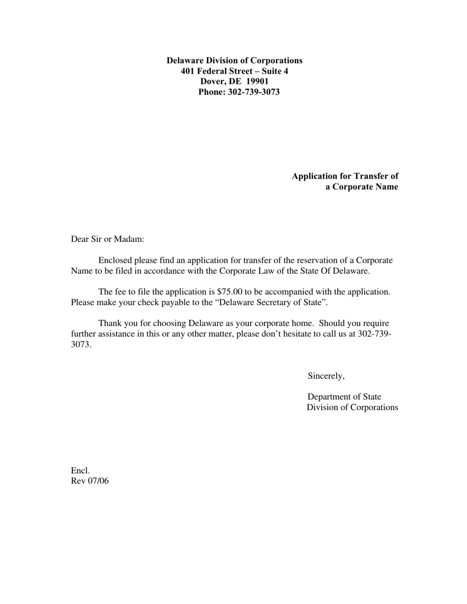 Application for Transfer of a Corporate Name - Delaware, Page 1