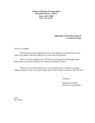 Document preview: Application for Re-reservation of a Corporate Name - Delaware