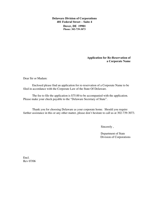 Application for Re-reservation of a Corporate Name - Delaware Download Pdf