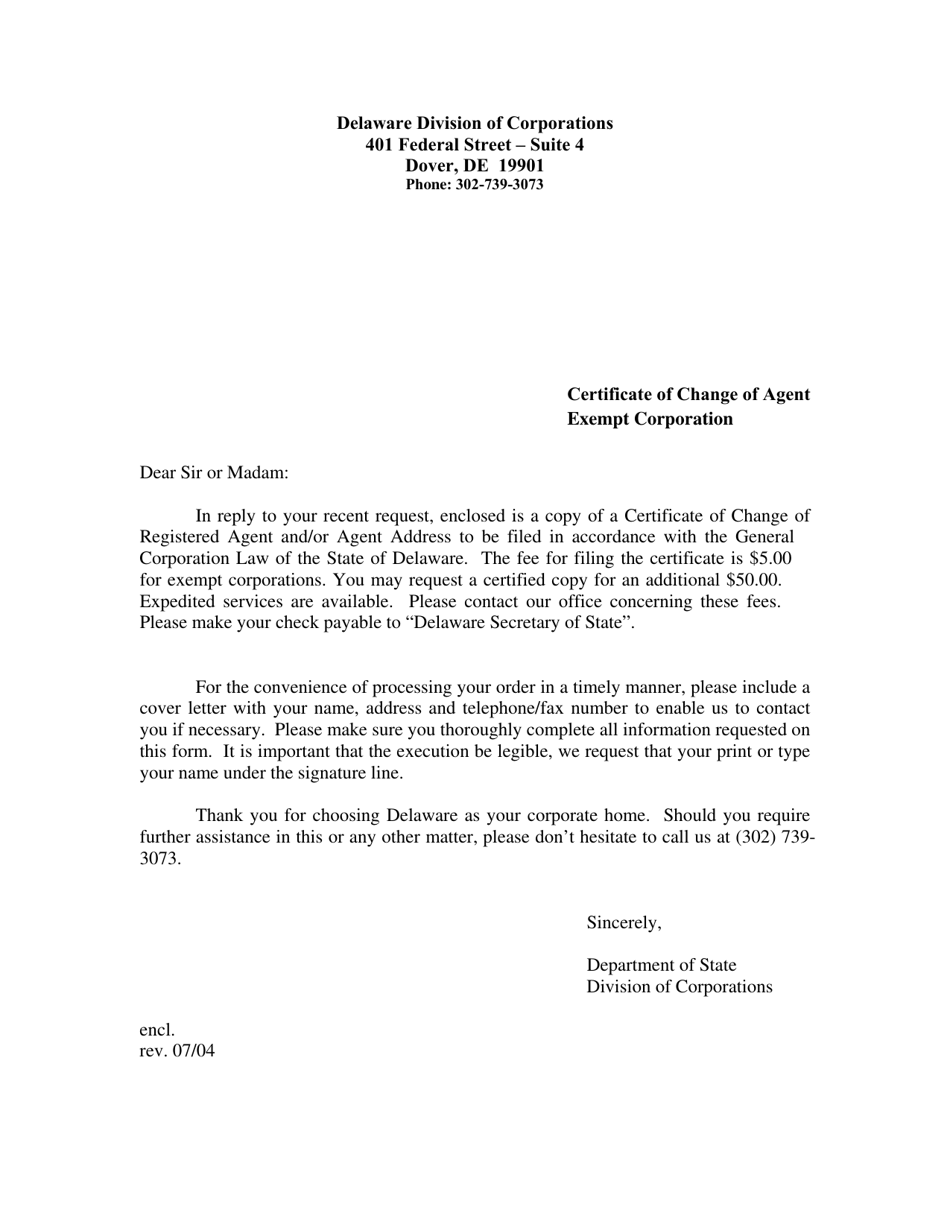Certificate of Change of Agent Exempt Corporation - Delaware, Page 1