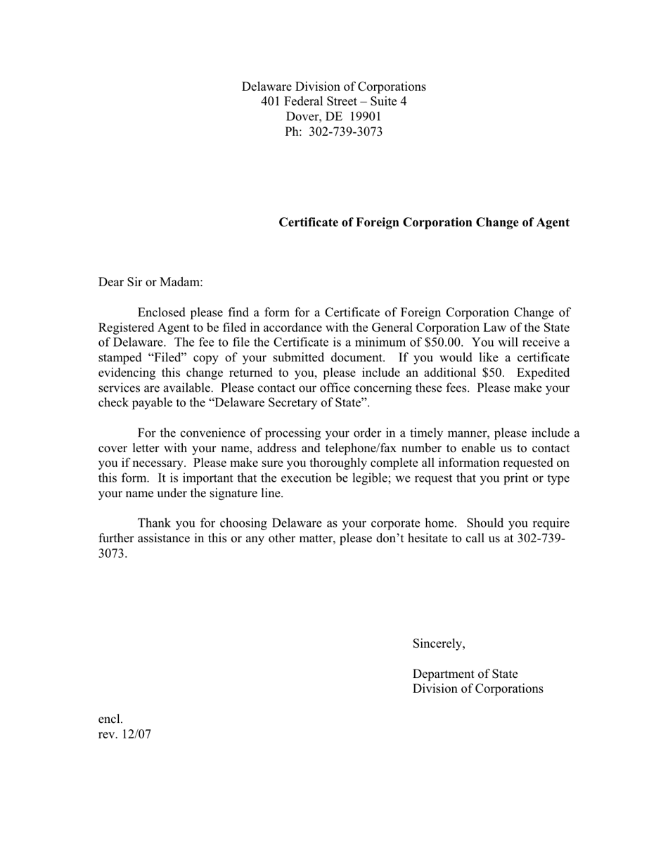 Certificate of Change of Registered Agent of a Foreign Corporation - Delaware, Page 1
