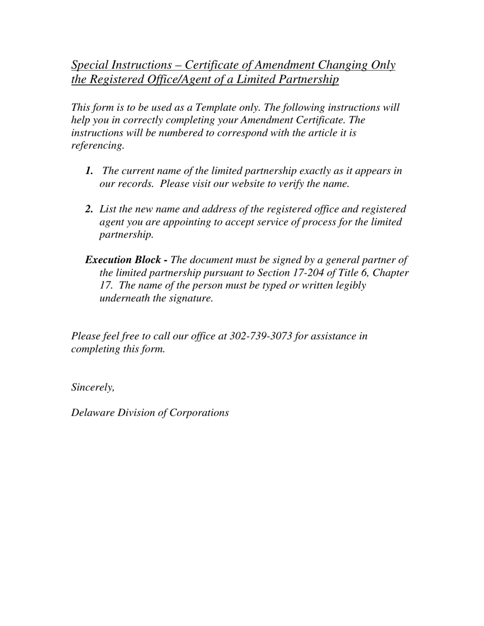 Delaware Certificate of Amendment Changing Only the Registered Office - State Of Delaware Certificate Of Amendment