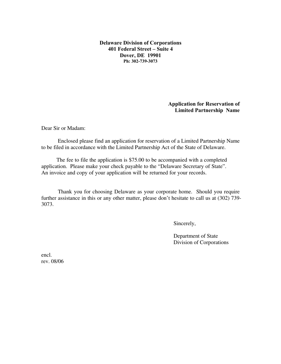 Application for Reservation of Limited Partnership Name - Delaware, Page 1