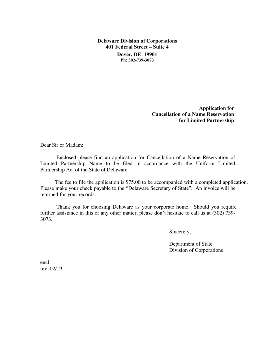 Application for Cancellation of a Name Reservation for Limited Partnership - Delaware, Page 1