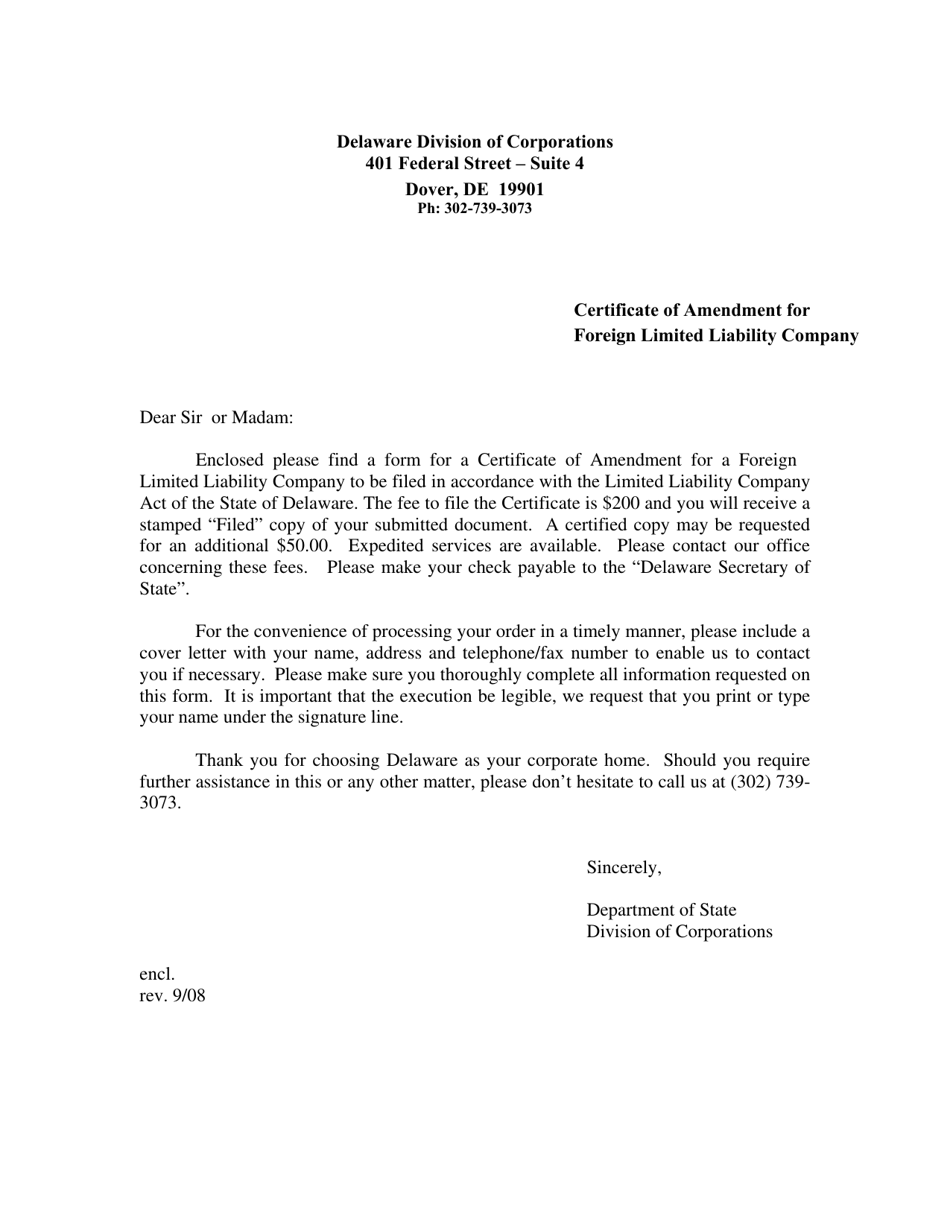 Certificate of Amendment for a Foreign Limited Liability Company - Delaware, Page 1