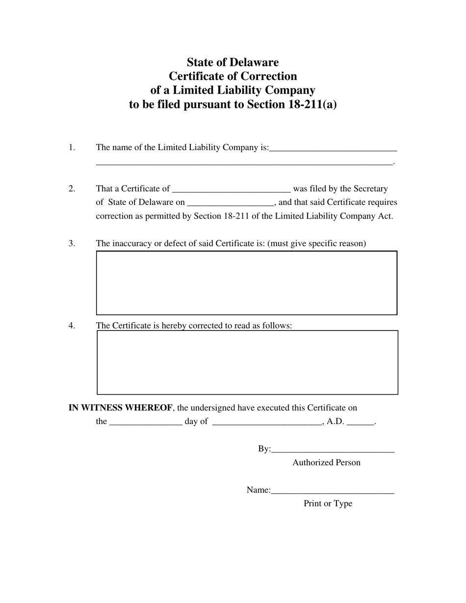 Delaware Certificate Of Correction Of A Limited Liability Company Fill Out Sign Online And 8266