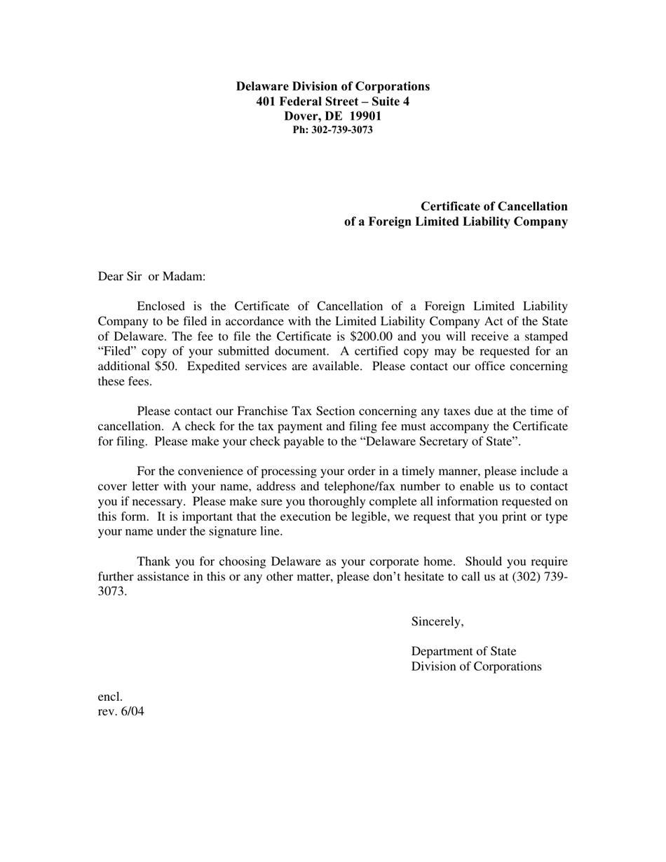 Certification of Cancellation of a Foreign Limited Liability Company - Delaware, Page 1