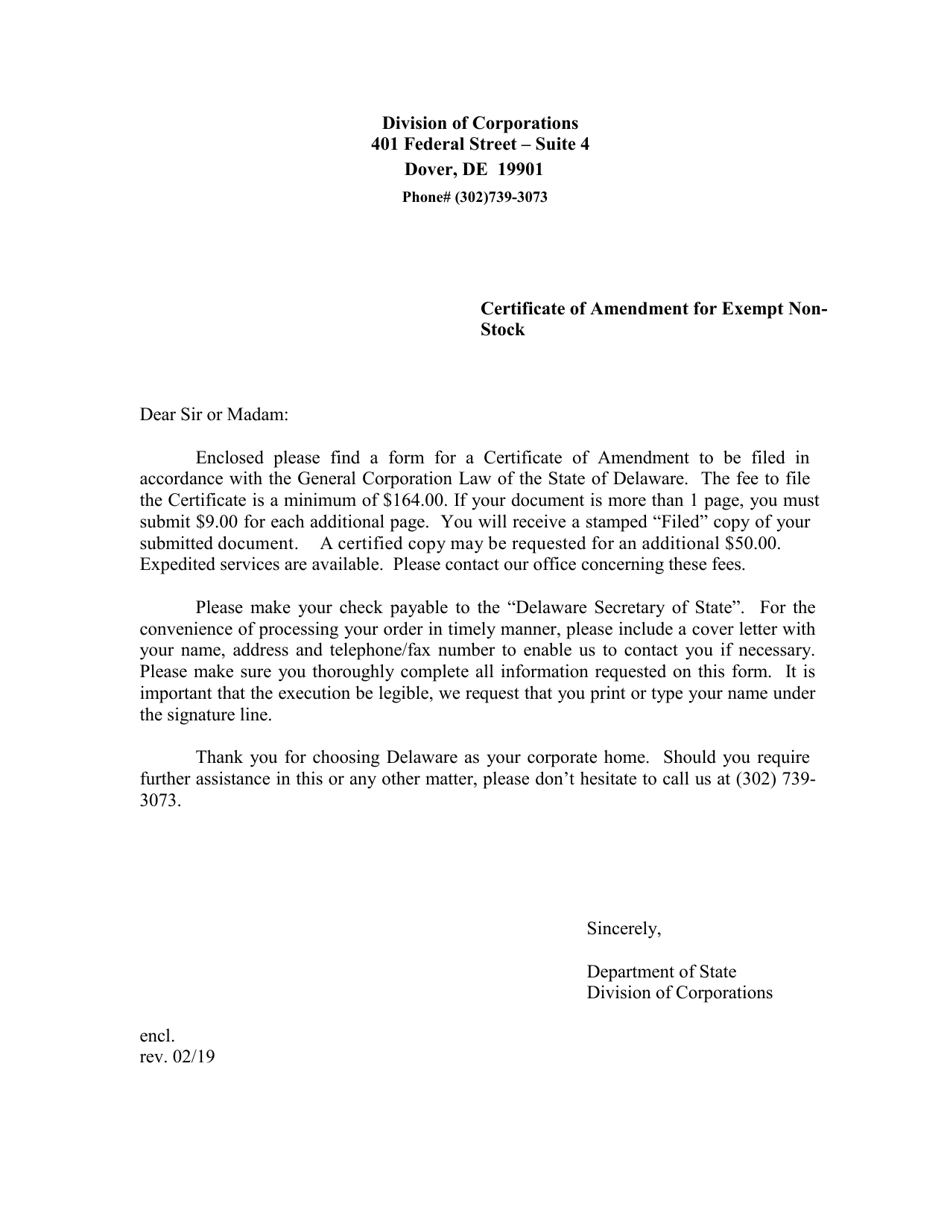 Certificate of Amendment for Exempt Non-stock - Delaware, Page 1