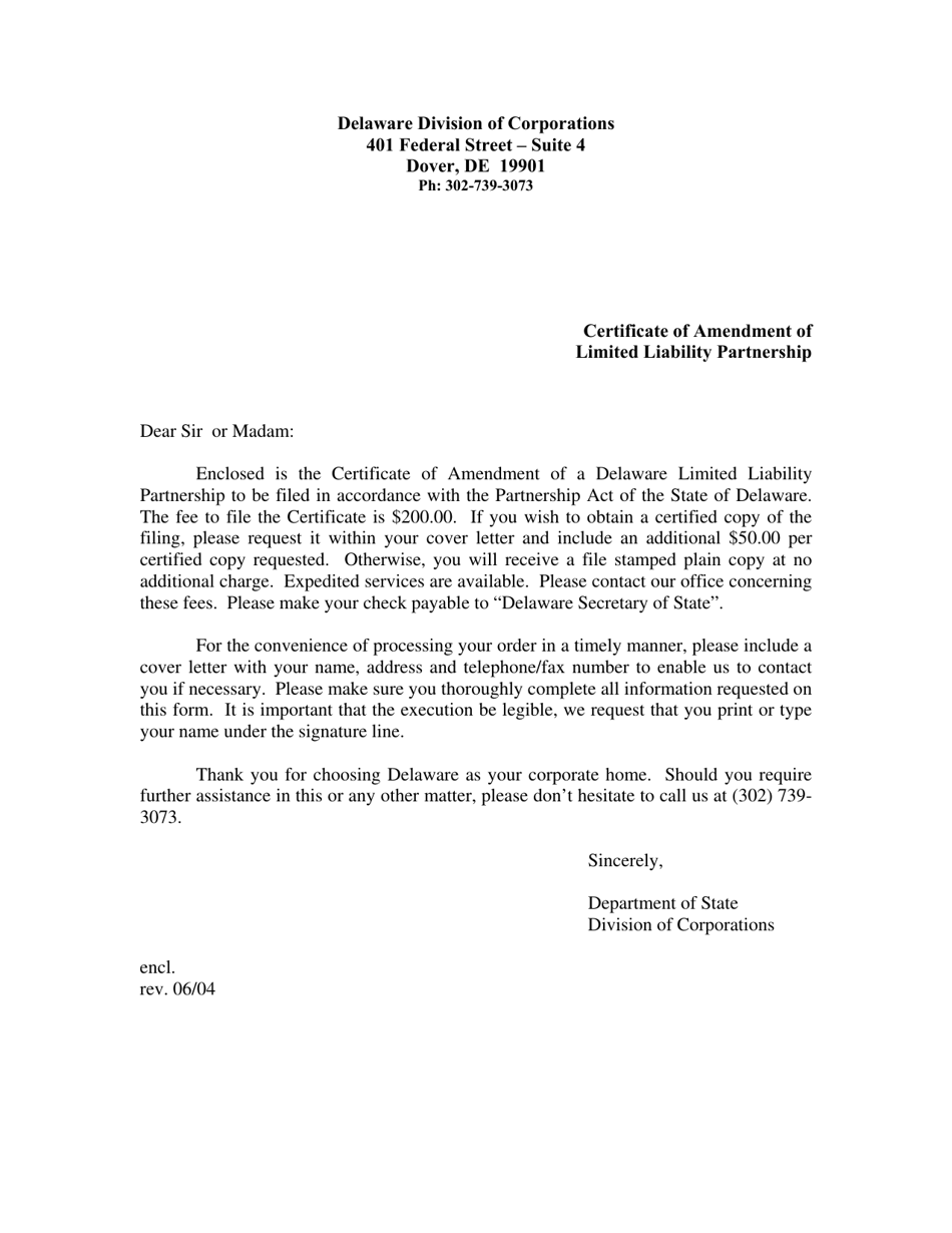 Certificate of Amendment of Limited Liability Partnership - Delaware, Page 1