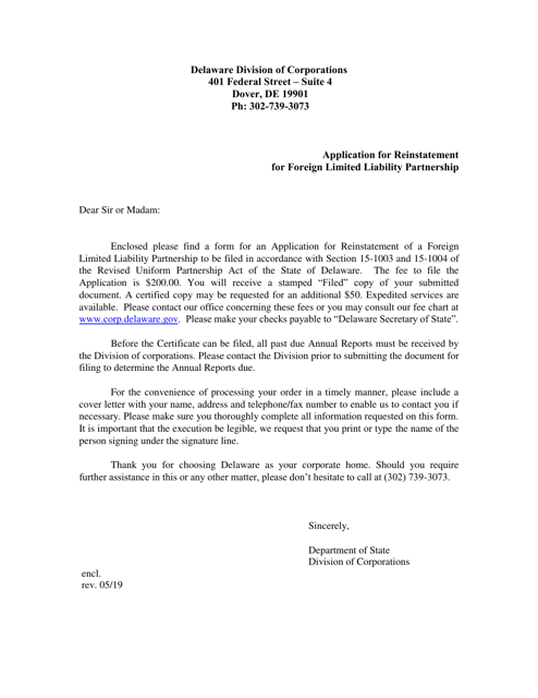 Application for Reinstatement for Foreign Limited Liability Partnership - Delaware Download Pdf