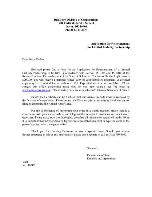 Application for Reinstatement for Limited Liability Partnership - Delaware Download Pdf