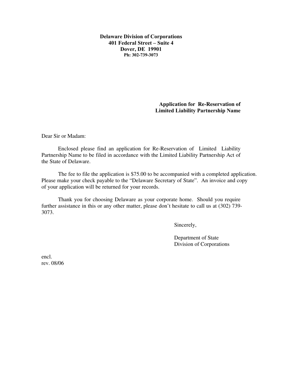 Application for Re-reservation of Limited Liability Partnership Name - Delaware, Page 1