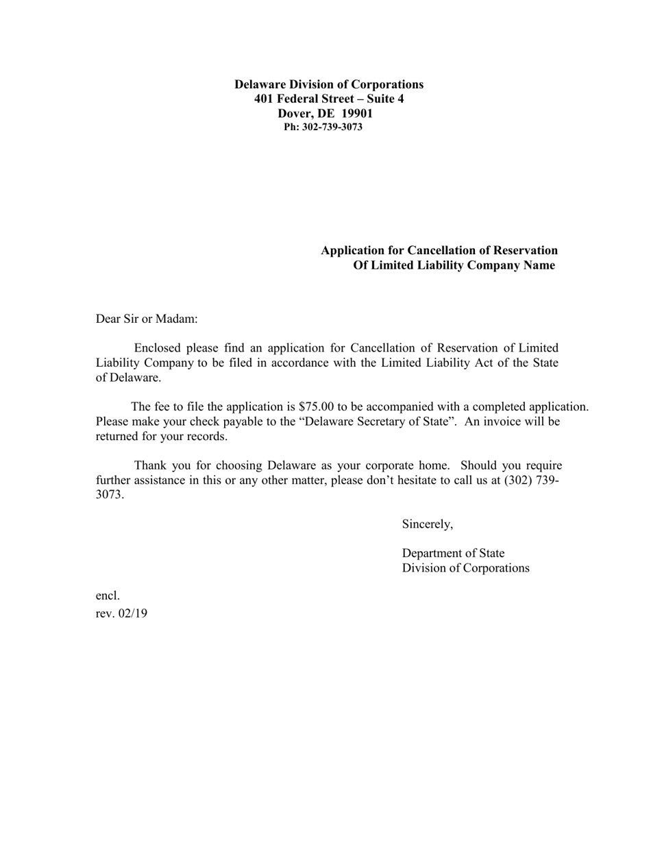 Application for Cancellation of Reservation of Limited Liability Company Name - Delaware, Page 1
